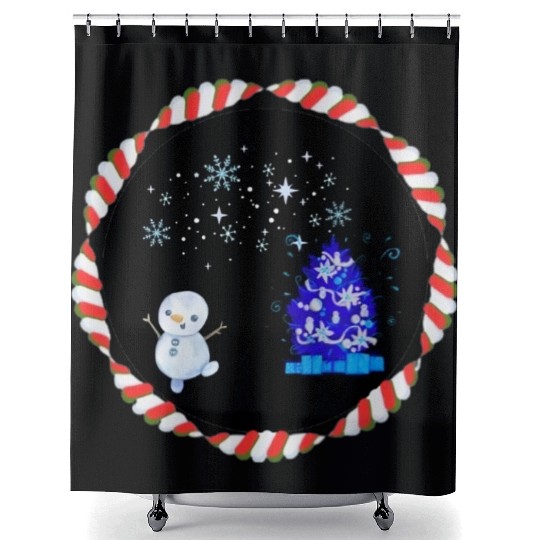 Festive Christmas Illuminated Tree with Snowman Shower Curtains
