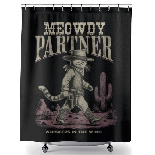 Meowdy Partner Whiskers In The Wind Cowboy Cat Shower Curtains