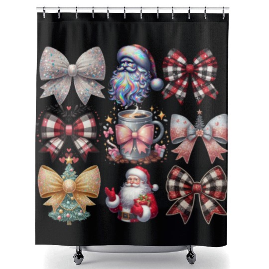 Coquette Bow Santa Christmas Tree Cake Candy Shower Curtains