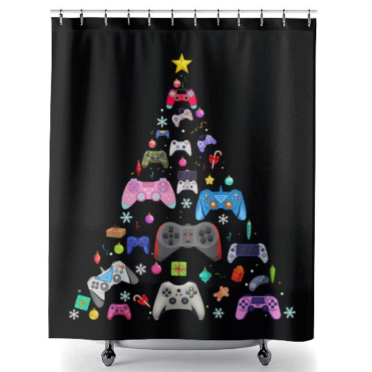 Gamer Video Game Lover Family Matching Xmas Tree Shower Curtains