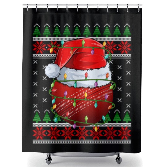 Cricket Ball Ugly Christmas Santa Hat Shower Curtains