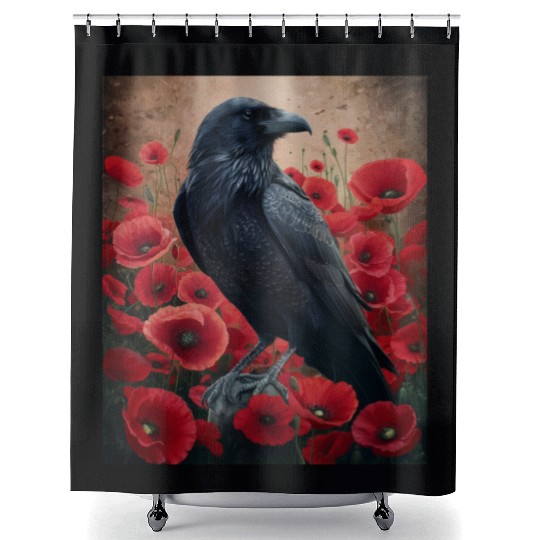 Raven Red Poppies Gothic Nature Art natural Shower Curtains
