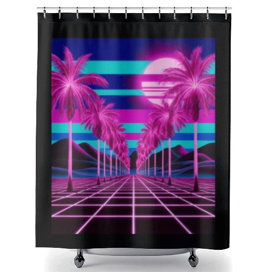 Neon Dreamscape: Retro-Futuristic Synthwave Sunset Shower Curtains