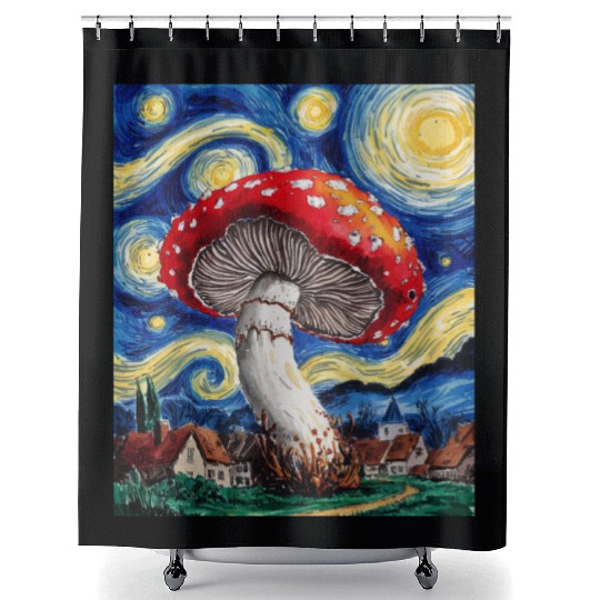 Starry Night Mushroom: Surreal Watercolor Dreamsca Shower Curtains