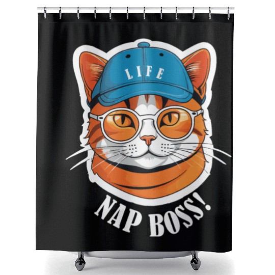 Cat Nap Boss with Cap and Sunglasses Shower Curtains