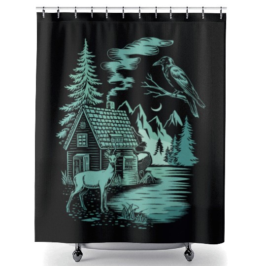 Dark Cottagecore Forest Scene with Cabin, Deer, Shower Curtains