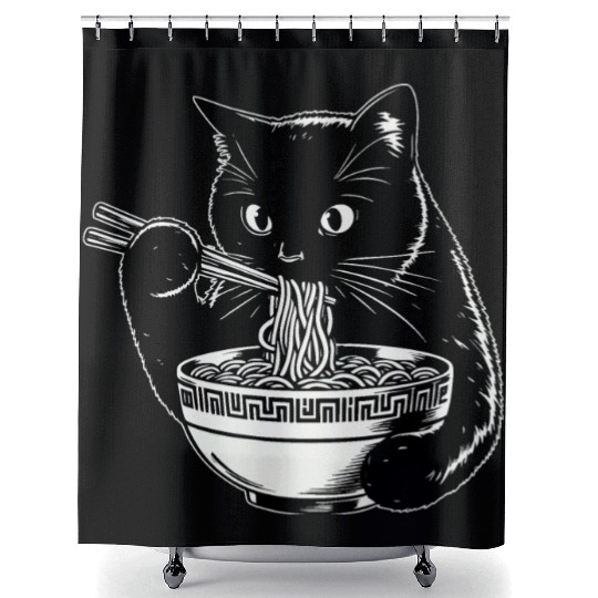 Cat Eating Ramen Noodles Japanese Funny Shower Curtains
