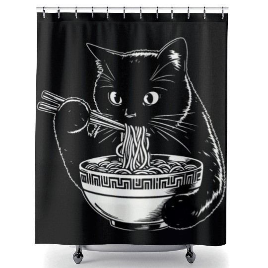 Cat Eating Ramen Noodles Japanese Funny Shower Curtains