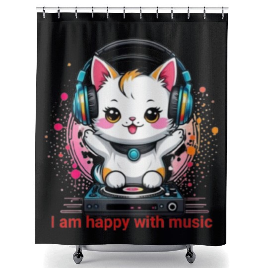 My happy cat musician Shower Curtains