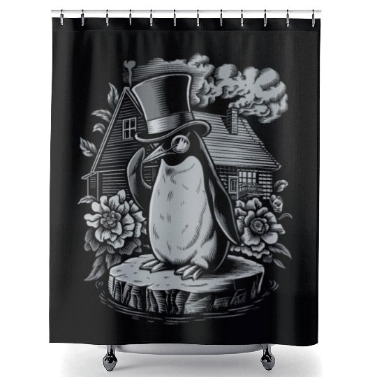 Dark Cottagecore Penguin in Top Hat by House Shower Curtains