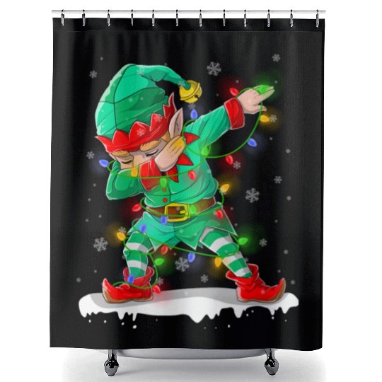 Dabbing Elf Christmas Tree Lights Xmas Family Shower Curtains