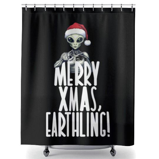 Happy Xmas Earthling Alien Christmas Shower Curtains