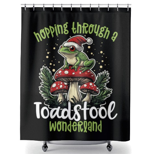 Merry Christmas Frog on Mushroom Cottagecore Shower Curtains