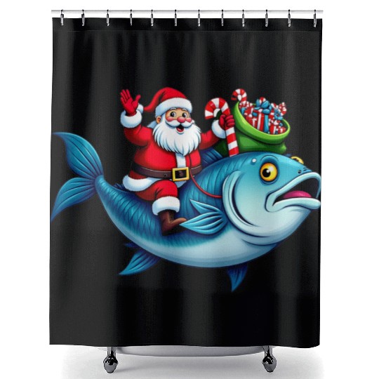 Santa on Bass Merry Fishmas Fishing Christmas Shower Curtains