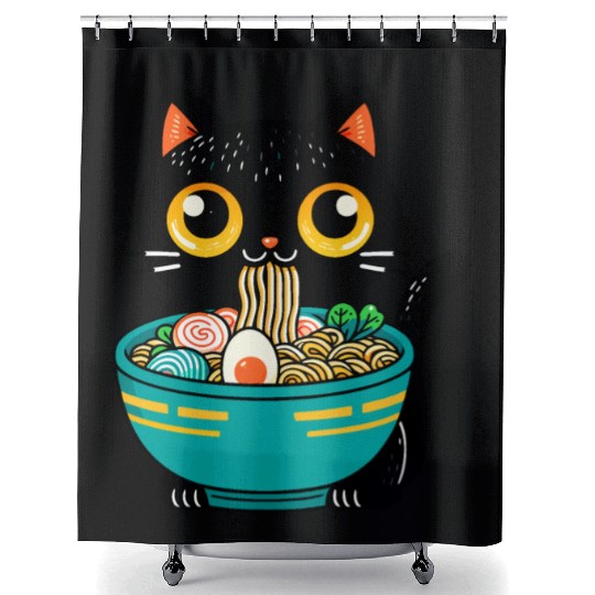 Funny Cat Eating Ramen Japanese Cat Ramen Noodles Shower Curtains