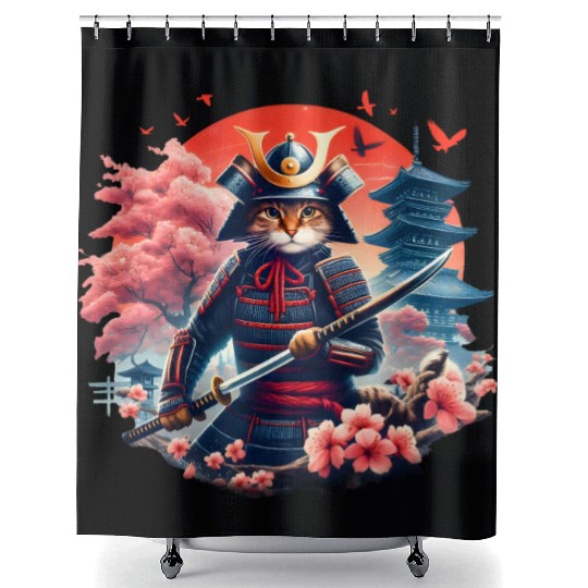 Samurai Cat Graphic Warrior Vintage Japanese Anime Shower Curtains