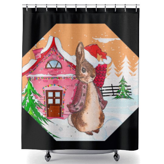 A rabbit walking on Christmas Day Shower Curtains
