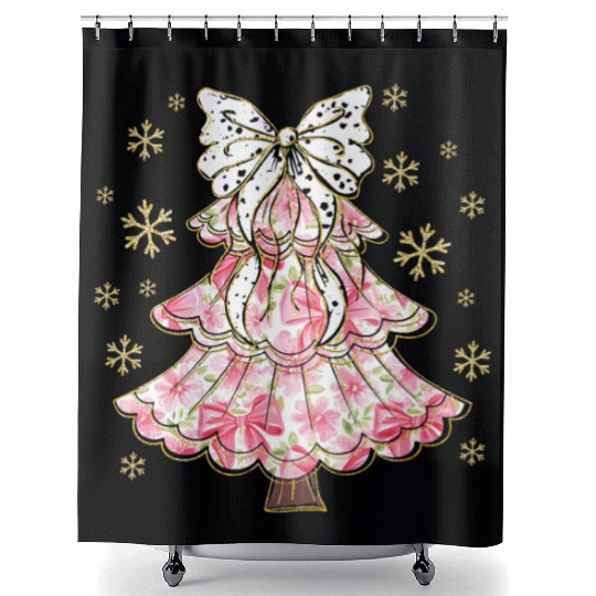 Preppy Pink Coquette Bow Xmas Tree Shower Curtains