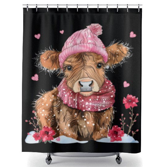 Cute Highland Cow Valentines Day Shower Curtains