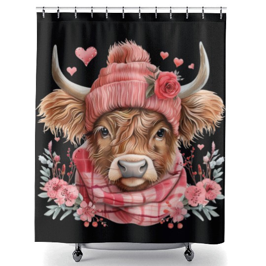 Cute Highland Cow Valentines Day Shower Curtains