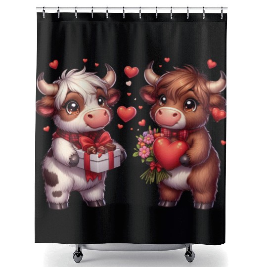 Cute cartoon valentines highland cow Shower Curtains