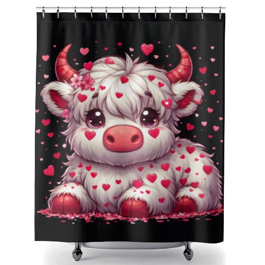 Cute cartoon valentines highland cow Shower Curtains