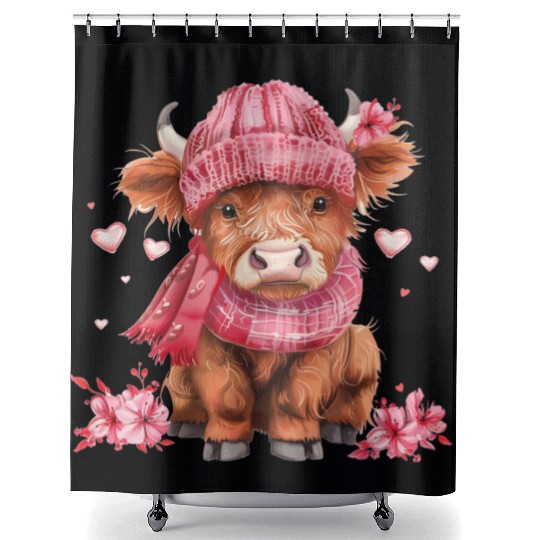 Cute Highland Cow Valentines Day Shower Curtains