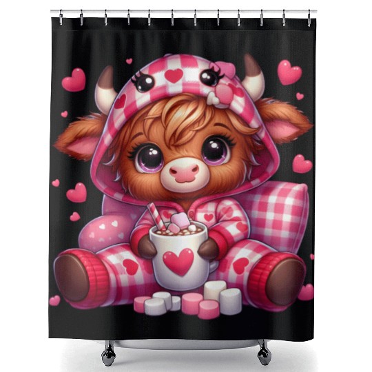 Cute cartoon valentines highland cow Shower Curtains