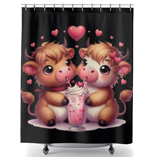Cute Cartoon Valentines Highland Cow Shower Curtains