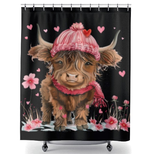 Cute Highland Cow Valentines Day Shower Curtains
