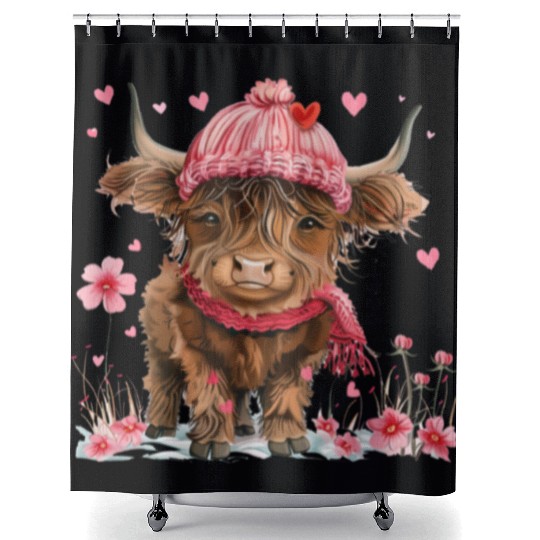 Cute Highland Cow Valentines Day Shower Curtains