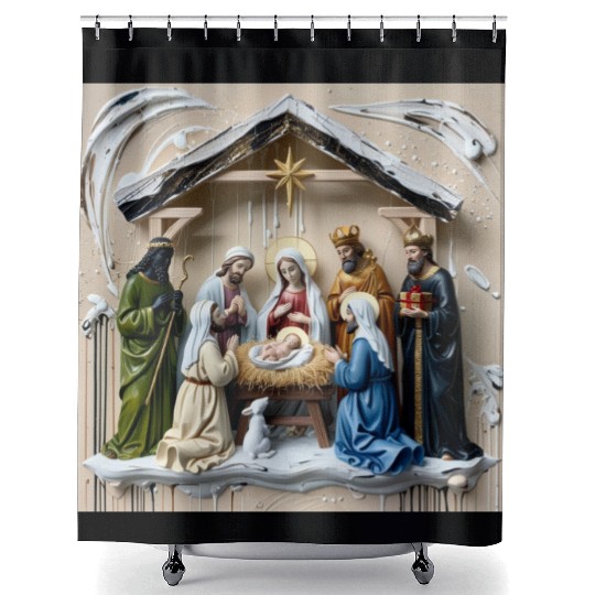 Nativity manger, tree wise men Bethlem Shower Curtains