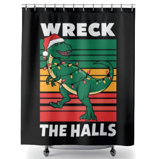 Dino Christmas Cheer A T Rex Wearing Santa Hat Shower Curtains