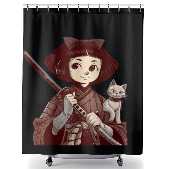 Chibi Samurai Warrior Cat Companion & Blossoms Shower Curtains