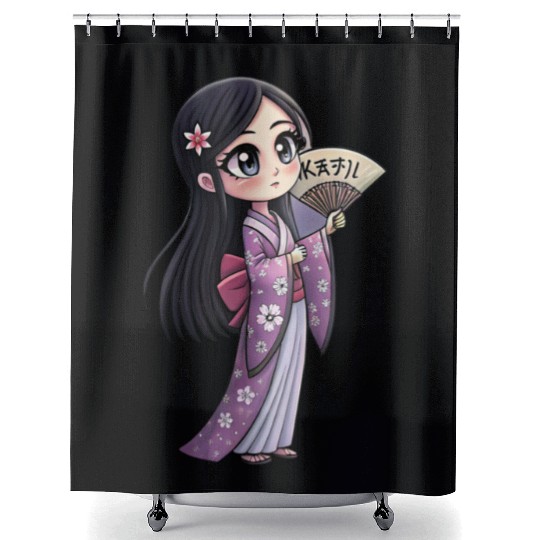 Cute Chibi Geisha Anime Inspired Kimono Design Shower Curtains
