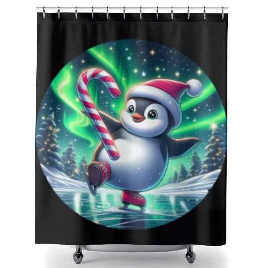 Penguin's Northern Lights Skate Shower Curtains