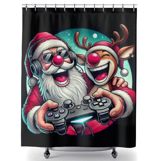 Funny Christmas Duo: Santa & Rudolph Gaming Shower Curtains