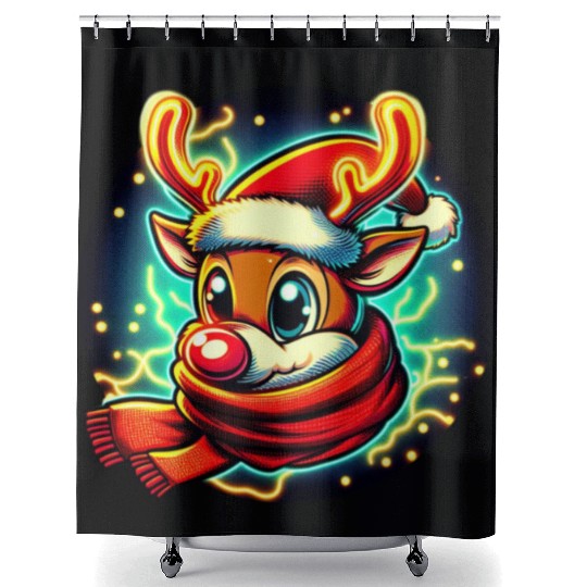 Funny Christmas Rudolph: Glowing Neon Santa Scarf Shower Curtains