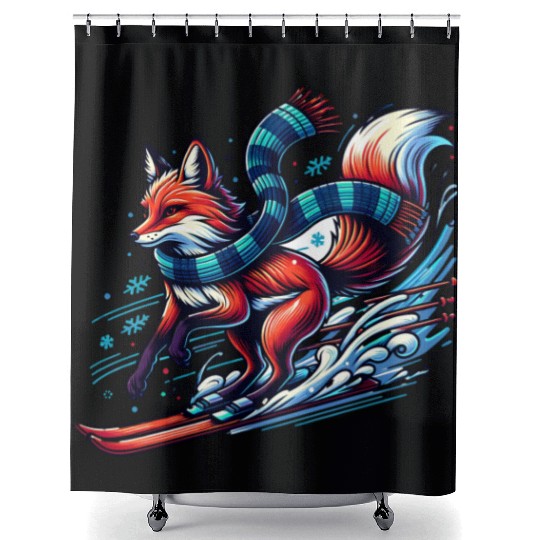 Fox Skiing Adventure in Winter Wonderland Shower Curtains