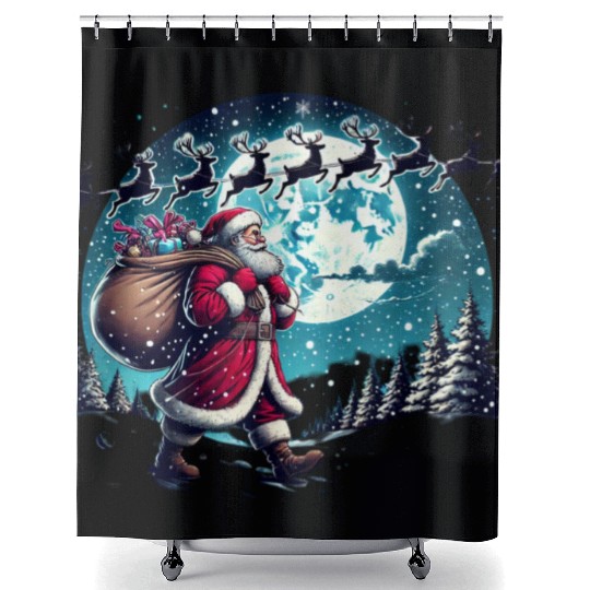 Santa Claus with Gifts Under the Snowy Sky Shower Curtains