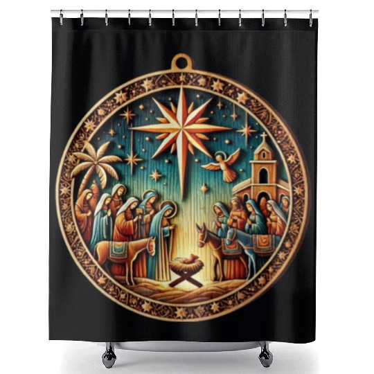 Christmas Nativity Scene Wooden Ornament Shower Curtains