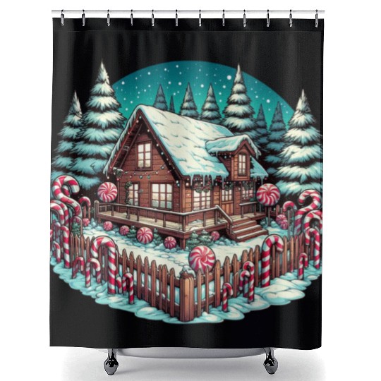 Candy Cane Cabin - Christmas Gifts Shower Curtains