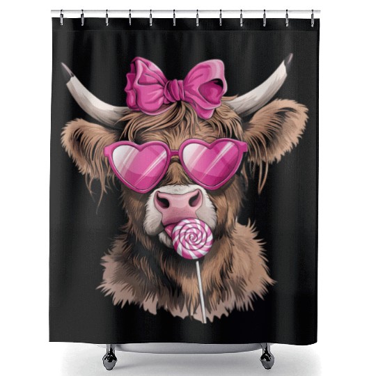 Highland Cow Valentines, Valentines Day, Retro Shower Curtains