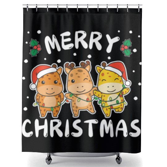Merry Christmas Cute Giraffe Festive Lights Shower Curtains
