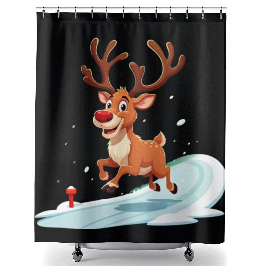Joyful Reindeer Dashing to Santa's House Shower Curtains
