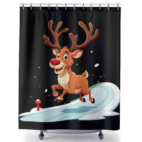 Joyful Reindeer Dashing to Santa's House Shower Curtains