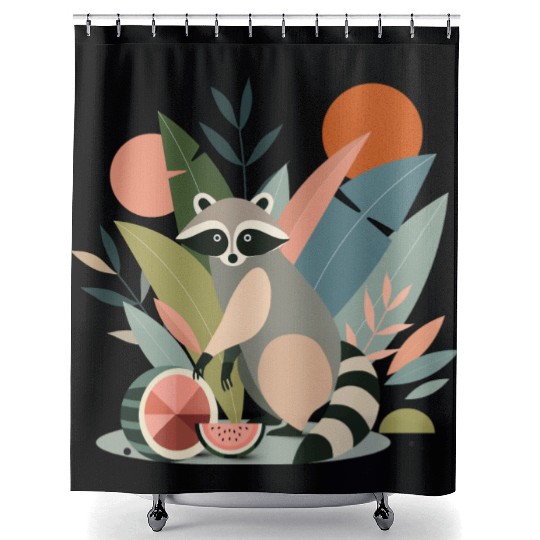 Raccoon with tropical plants and melons Shower Curtains