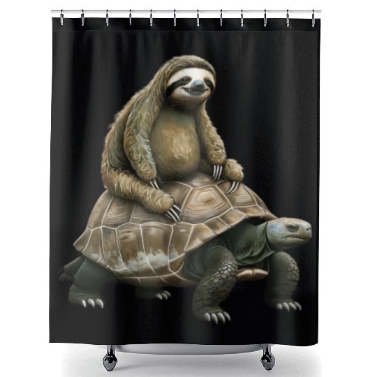 Slow Journey: Sloth on Tortoise's Back Shower Curtains