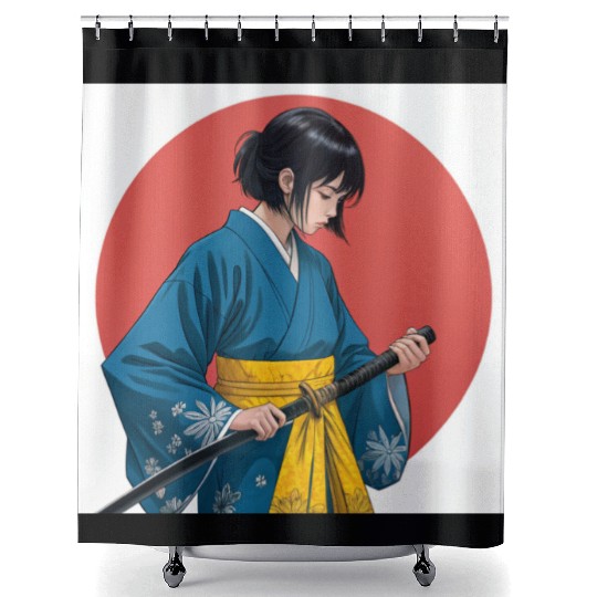 Blossom and Blade: Kimono-Clad Warrior Girl, Japan Shower Curtains