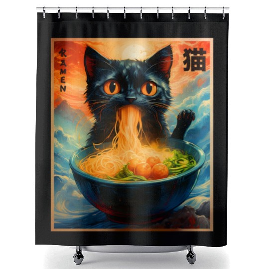 Cat Ramen Japanese Kawaii Cat Anime Funny Ramen Ca Shower Curtains